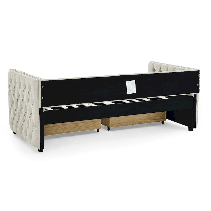 Upholstered Twin Size Daybed w/ 2 Drawers, Copper Nail on Square Arms