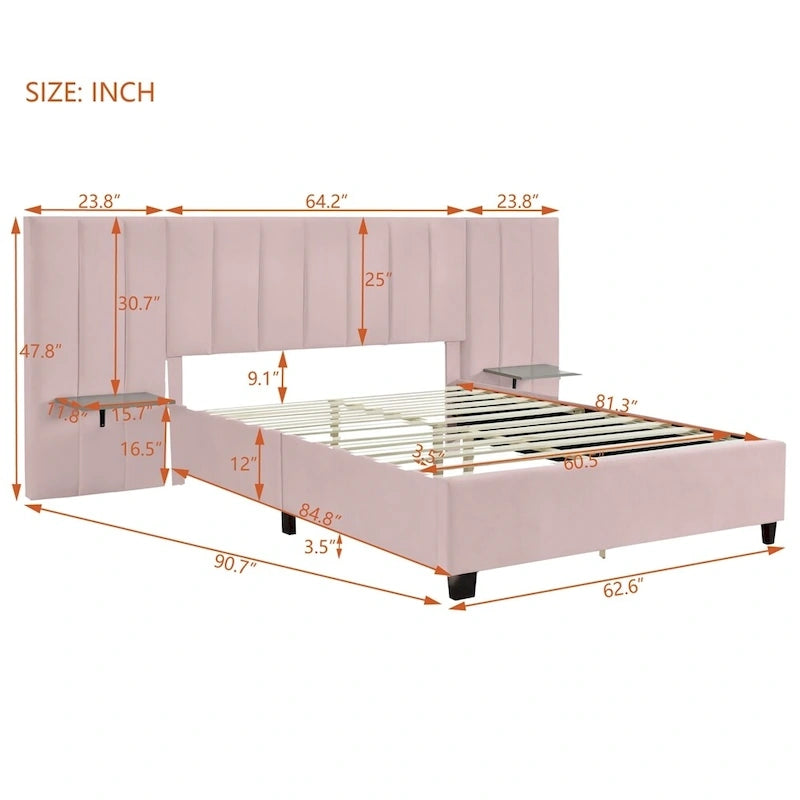 Queen Size Velvet Upholstered Platform Bed with Big Headboard