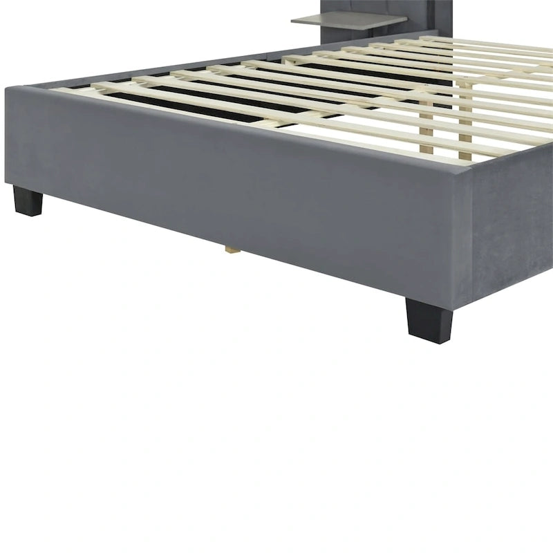Queen Size Velvet Upholstered Platform Bed with Big Headboard