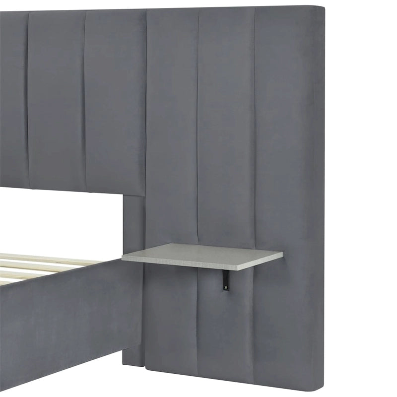 Queen Size Velvet Upholstered Platform Bed with Big Headboard