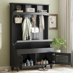 5-in-1 Entryway Bench with Shutter-shaped doors, Coat Rack, Cushion and 4 Sturdy Hooks, 47.2 Wide Hall Tree with Storage Bench