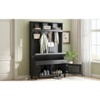 5-in-1 Entryway Bench with Shutter-shaped doors, Coat Rack, Cushion and 4 Sturdy Hooks, 47.2 Wide Hall Tree with Storage Bench