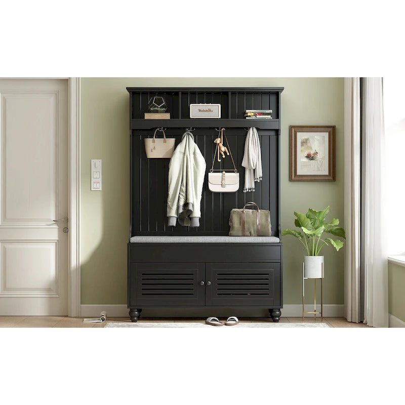 5-in-1 Entryway Bench with Shutter-shaped doors, Coat Rack, Cushion and 4 Sturdy Hooks, 47.2 Wide Hall Tree with Storage Bench