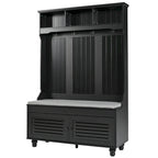 5-in-1 Entryway Bench with Shutter-shaped doors, Coat Rack, Cushion and 4 Sturdy Hooks, 47.2 Wide Hall Tree with Storage Bench