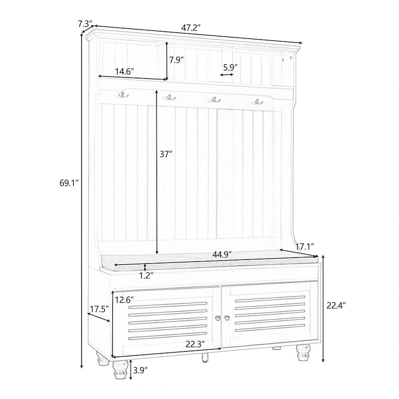 5-in-1 Entryway Bench with Shutter-shaped doors, Coat Rack, Cushion and 4 Sturdy Hooks, 47.2 Wide Hall Tree with Storage Bench