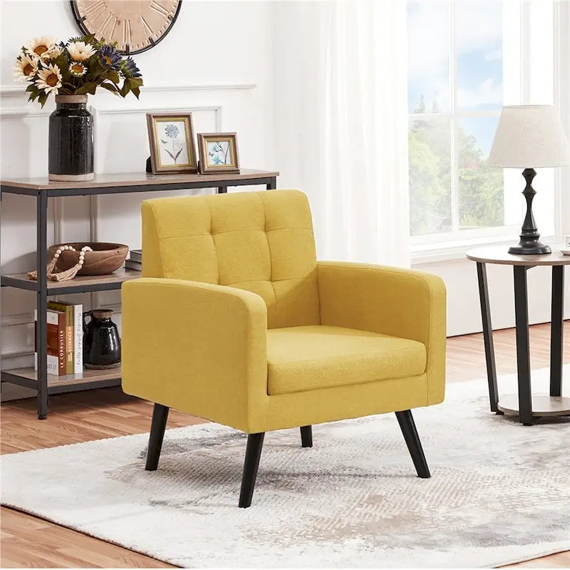 Yaheetech Mid Century Modern Fabric Arm Chair Tufted Accent Chair with Rubber Wooden Leg