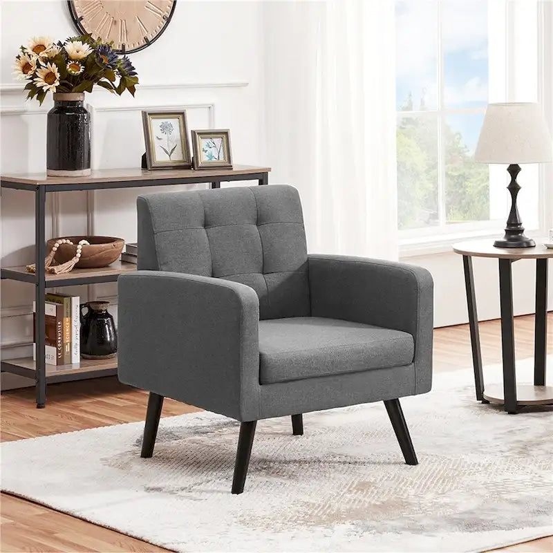 Yaheetech Mid Century Modern Fabric Arm Chair Tufted Accent Chair with Rubber Wooden Leg