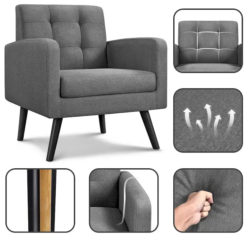 Yaheetech Mid Century Modern Fabric Arm Chair Tufted Accent Chair with Rubber Wooden Leg