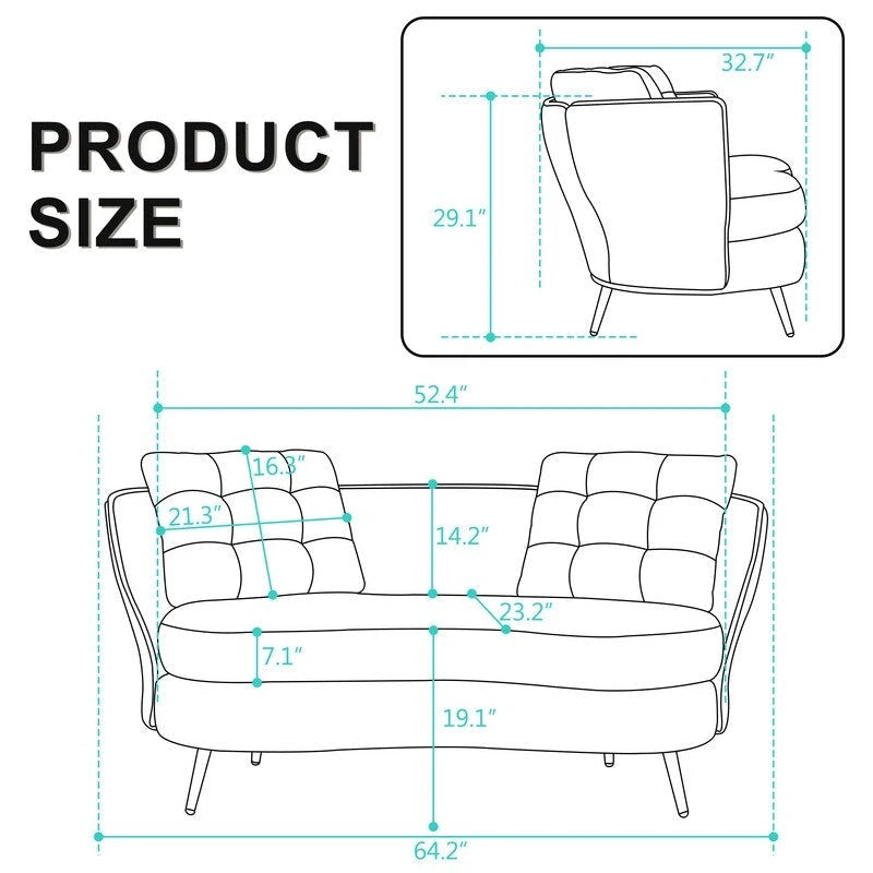 Upholstered Couch with Golden Metal Legs Club Loveseat Sofa for Living Reading Room ,Bedroom ,Apartment, Small Space Dorm