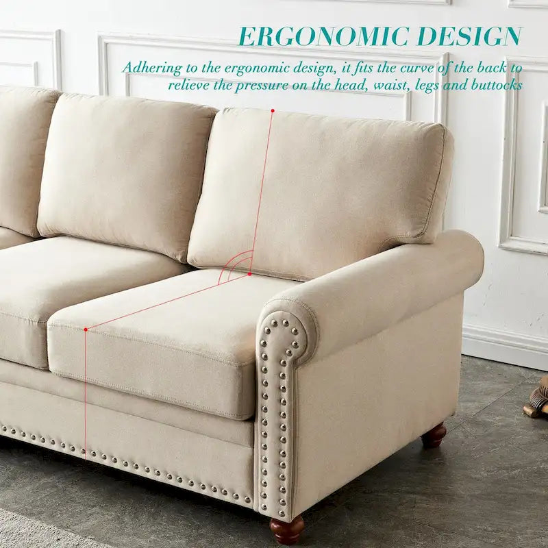 Linen Fabric Upholstered Sofa with Storage, 3-Seater Couch with Solid Wood Frame, Round Arms, and Removable Cushion Cover