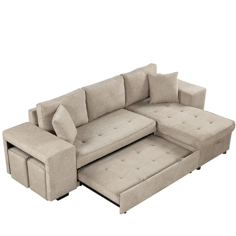 104 Modern L-Shape 3 Seat Reversible Sectional Couch, Pull Out Sleeper Sofa with Storage Chaise and 2 Stools