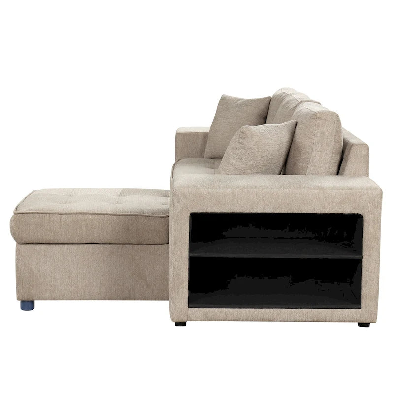 104 Modern L-Shape 3 Seat Reversible Sectional Couch, Pull Out Sleeper Sofa with Storage Chaise and 2 Stools