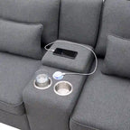 Modern Linen Fabric Upholstered Sofa with Console, 4Pillows,Cupholders,USB