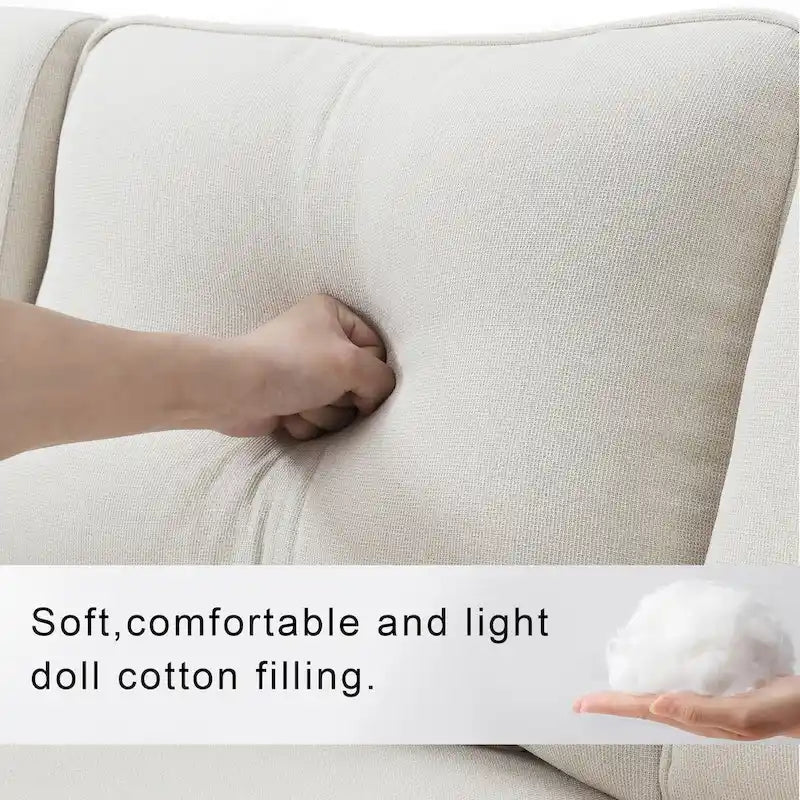 Modern Linen Fabric Upholstered Sofa with Console, 4Pillows,Cupholders,USB