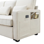 Modern Linen Fabric Upholstered Sofa with Console, 4Pillows,Cupholders,USB