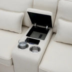 Modern Linen Fabric Upholstered Sofa with Console, 4Pillows,Cupholders,USB