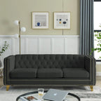 Velvet Upholstered 3 Seat Sofa,  Tufted Square Arm Sofa with Nailheads and Metal Legs