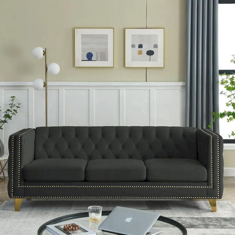 Velvet Upholstered 3 Seat Sofa,  Tufted Square Arm Sofa with Nailheads and Metal Legs
