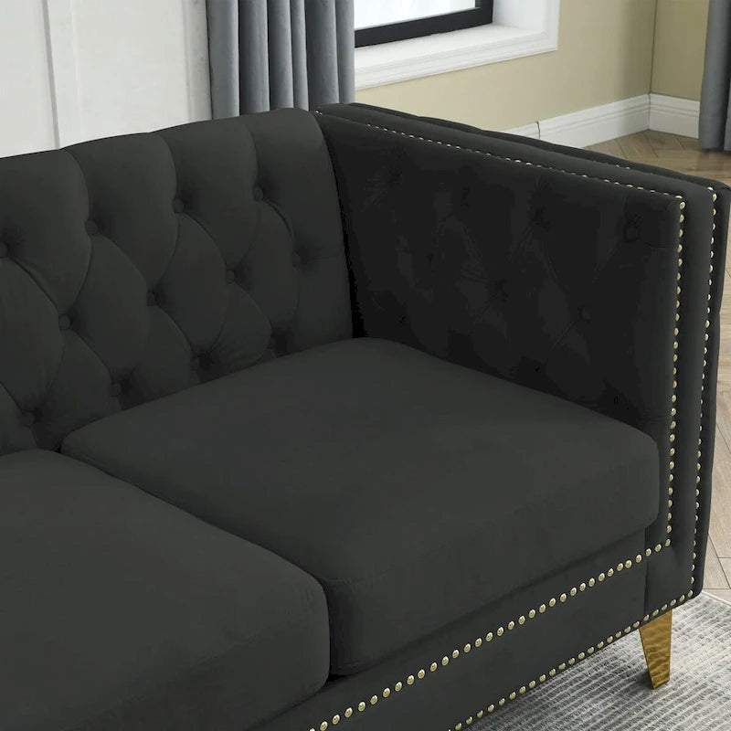Velvet Upholstered 3 Seat Sofa,  Tufted Square Arm Sofa with Nailheads and Metal Legs