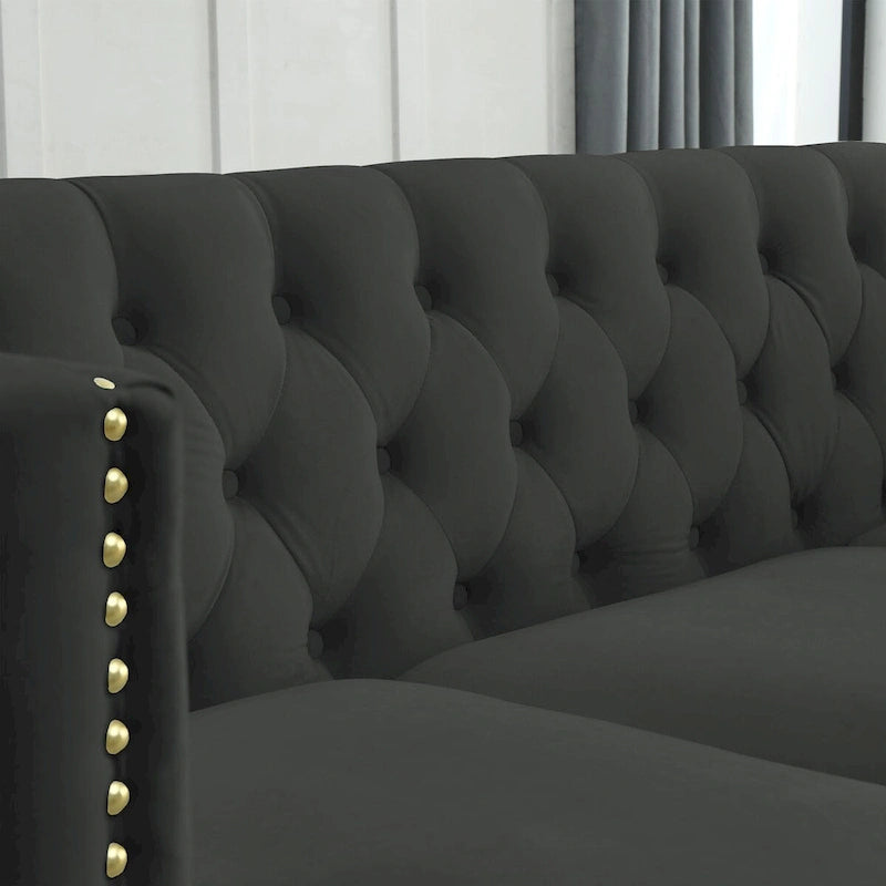 Velvet Upholstered 3 Seat Sofa,  Tufted Square Arm Sofa with Nailheads and Metal Legs