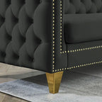 Velvet Upholstered 3 Seat Sofa,  Tufted Square Arm Sofa with Nailheads and Metal Legs