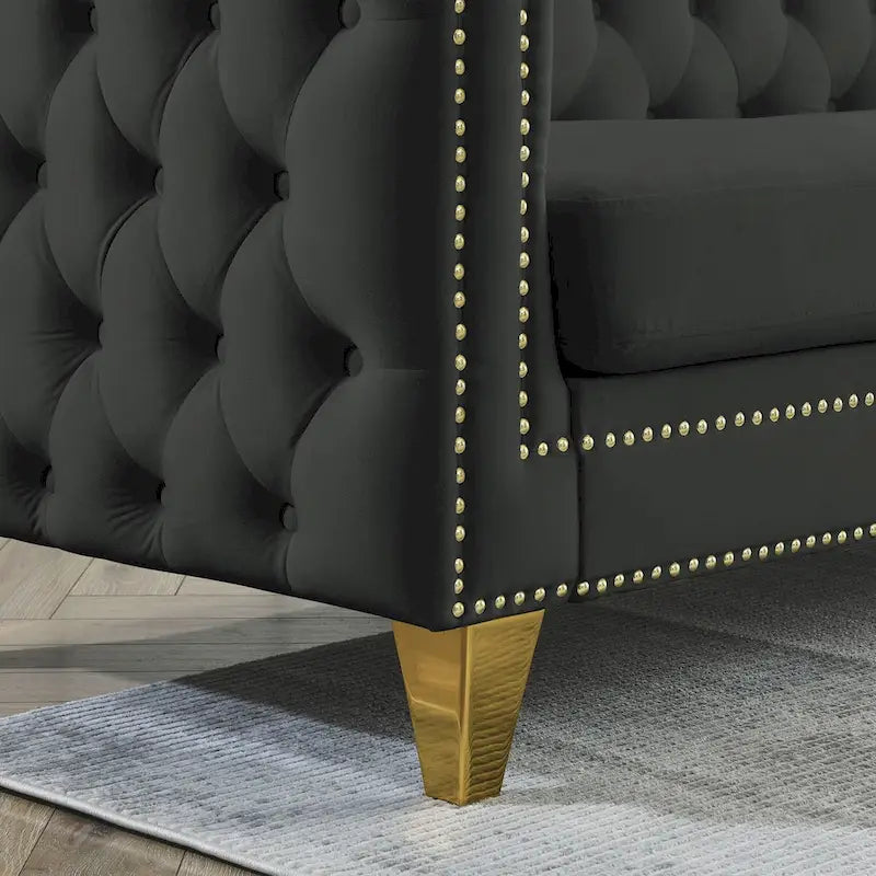 Velvet Upholstered 3 Seat Sofa,  Tufted Square Arm Sofa with Nailheads and Metal Legs