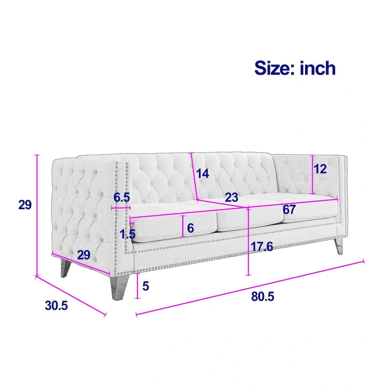 Velvet Upholstered 3 Seat Sofa,  Tufted Square Arm Sofa with Nailheads and Metal Legs