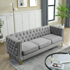 Velvet Upholstered 3 Seat Sofa,  Tufted Square Arm Sofa with Nailheads and Metal Legs