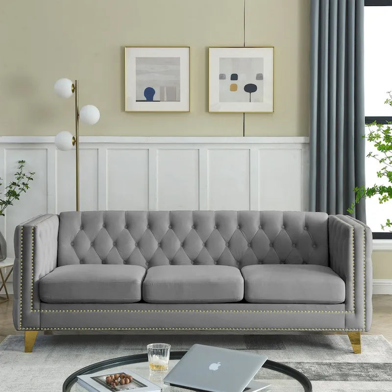 Velvet Upholstered 3 Seat Sofa,  Tufted Square Arm Sofa with Nailheads and Metal Legs