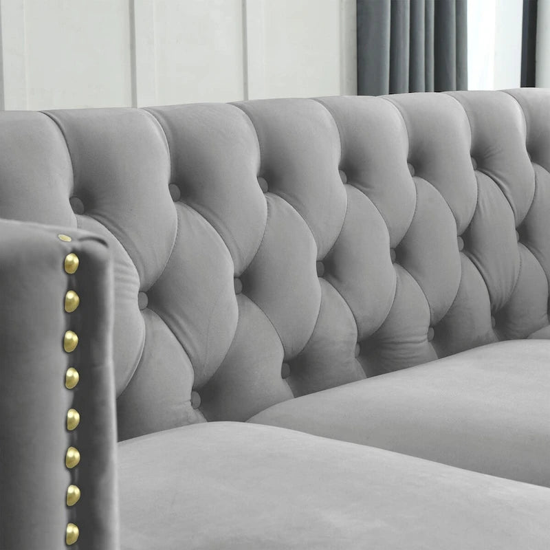 Velvet Upholstered 3 Seat Sofa,  Tufted Square Arm Sofa with Nailheads and Metal Legs
