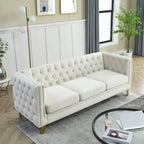 Velvet Upholstered 3 Seat Sofa,  Tufted Square Arm Sofa with Nailheads and Metal Legs