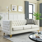 Velvet Upholstered 3 Seat Sofa,  Tufted Square Arm Sofa with Nailheads and Metal Legs