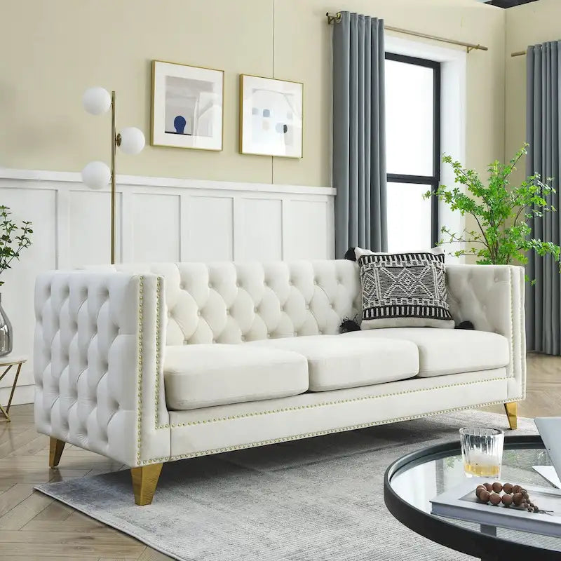 Velvet Upholstered 3 Seat Sofa,  Tufted Square Arm Sofa with Nailheads and Metal Legs
