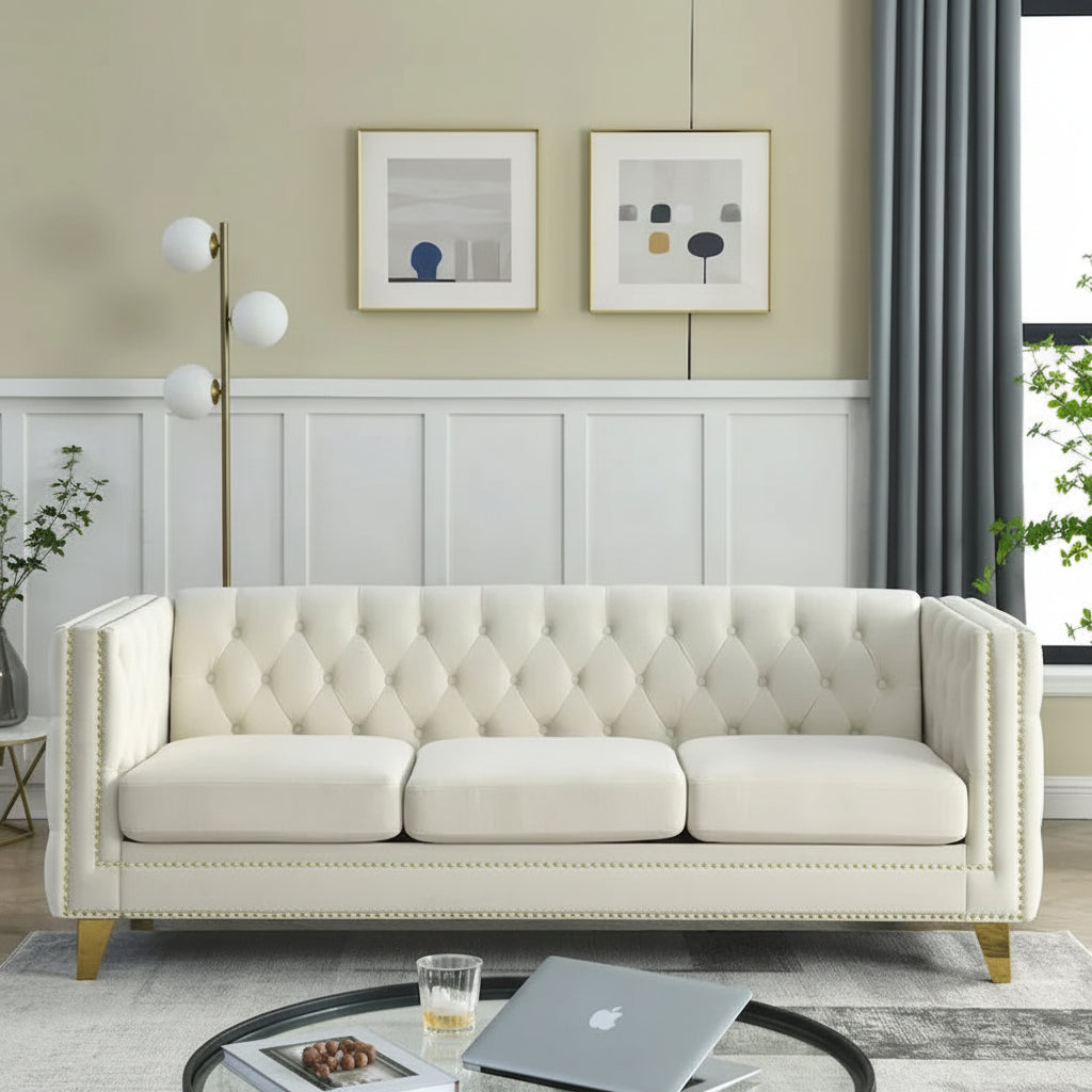 Velvet Upholstered 3 Seat Sofa,  Tufted Square Arm Sofa with Nailheads and Metal Legs