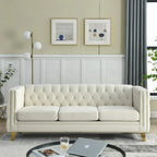 Velvet Upholstered 3 Seat Sofa,  Tufted Square Arm Sofa with Nailheads and Metal Legs