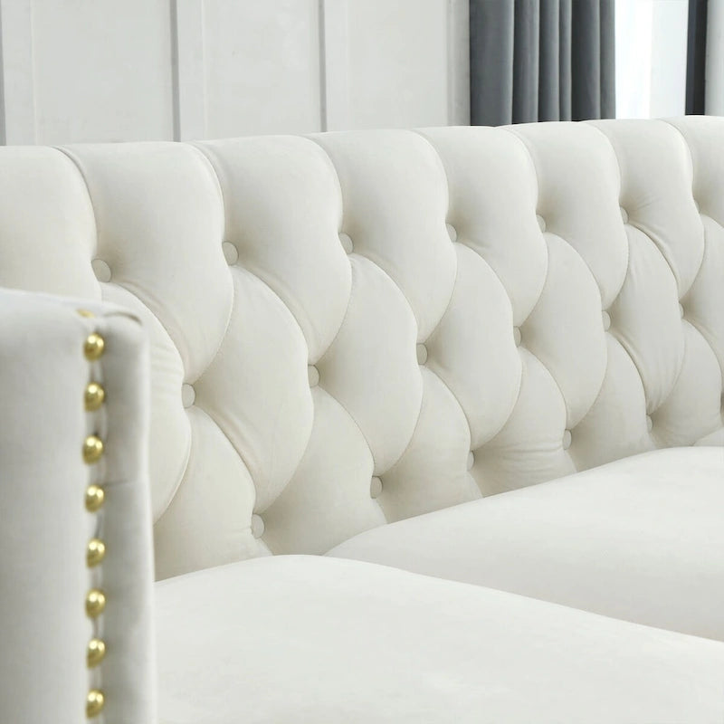 Velvet Upholstered 3 Seat Sofa,  Tufted Square Arm Sofa with Nailheads and Metal Legs
