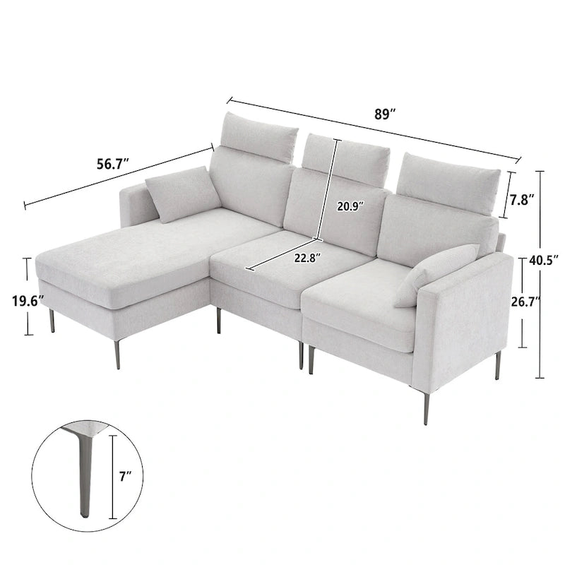 89 Chenille Sectional Sofa Couch With Extra Wide Chaise For Livingroom