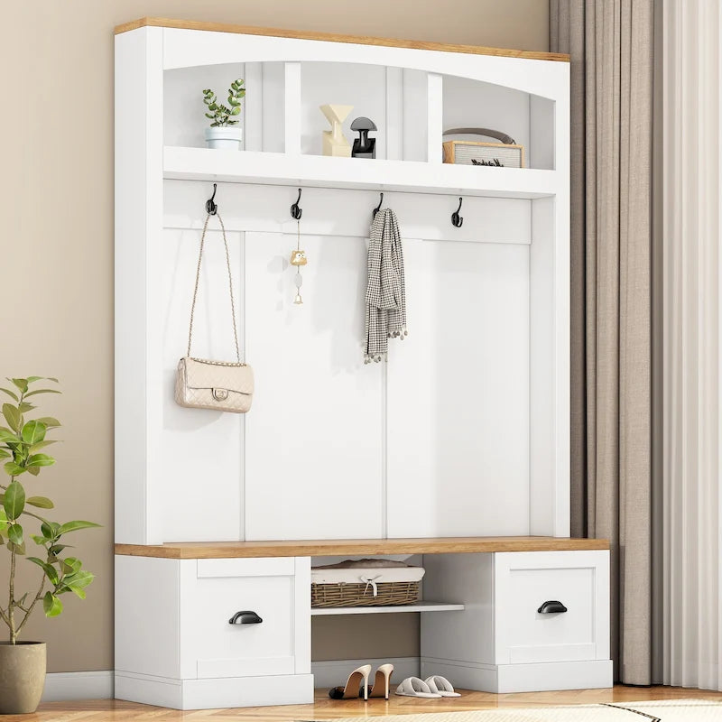 Hall Tree Hallway Storage Bench with Shoe Cubbies and Coat Rack with Hooks