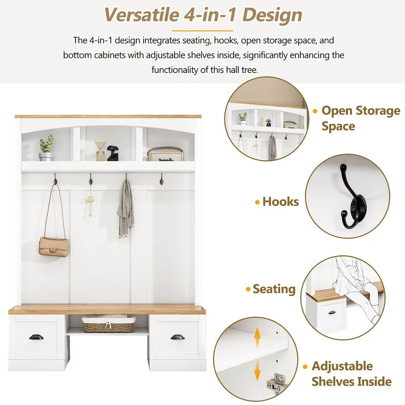Hall Tree Hallway Storage Bench with Shoe Cubbies and Coat Rack with Hooks