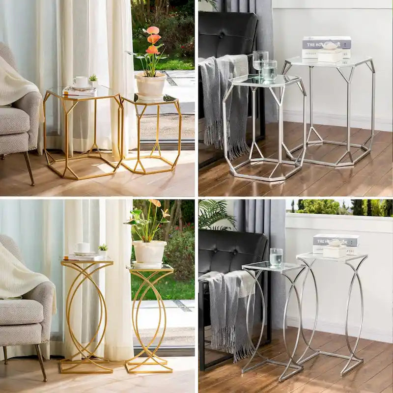 Glitzhome Set of 2 Glam Glass Modern Side Table Sofa Table