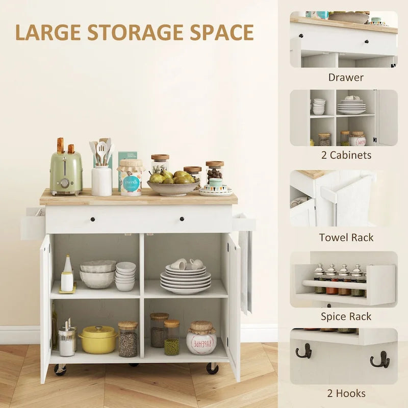 HOMCOM Kitchen Island with Storage, Farmhouse Rolling Kitchen Island Cart on Wheels with Drawer, 2 Cabinets, Rubberwood Top