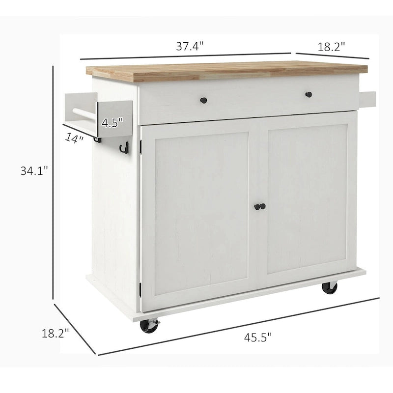 HOMCOM Kitchen Island with Storage, Farmhouse Rolling Kitchen Island Cart on Wheels with Drawer, 2 Cabinets, Rubberwood Top