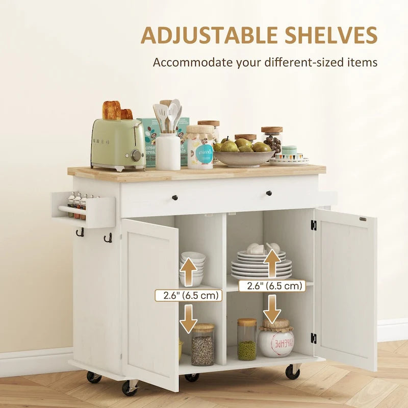 HOMCOM Kitchen Island with Storage, Farmhouse Rolling Kitchen Island Cart on Wheels with Drawer, 2 Cabinets, Rubberwood Top