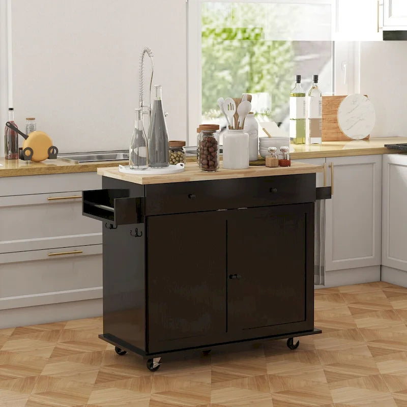 HOMCOM Kitchen Island with Storage, Farmhouse Rolling Kitchen Island Cart on Wheels with Drawer, 2 Cabinets, Rubberwood Top