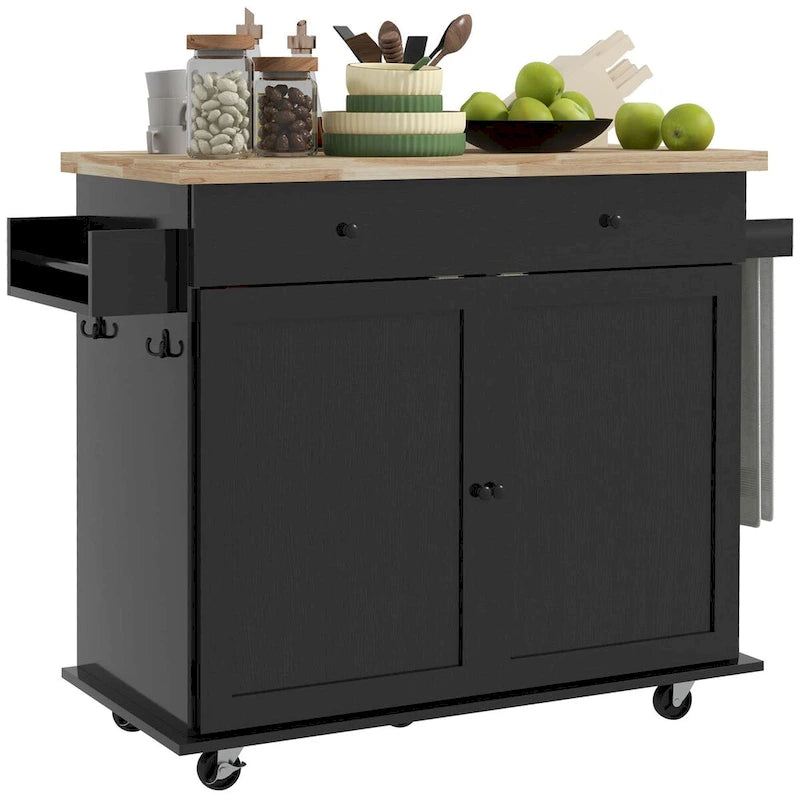 HOMCOM Kitchen Island with Storage, Farmhouse Rolling Kitchen Island Cart on Wheels with Drawer, 2 Cabinets, Rubberwood Top