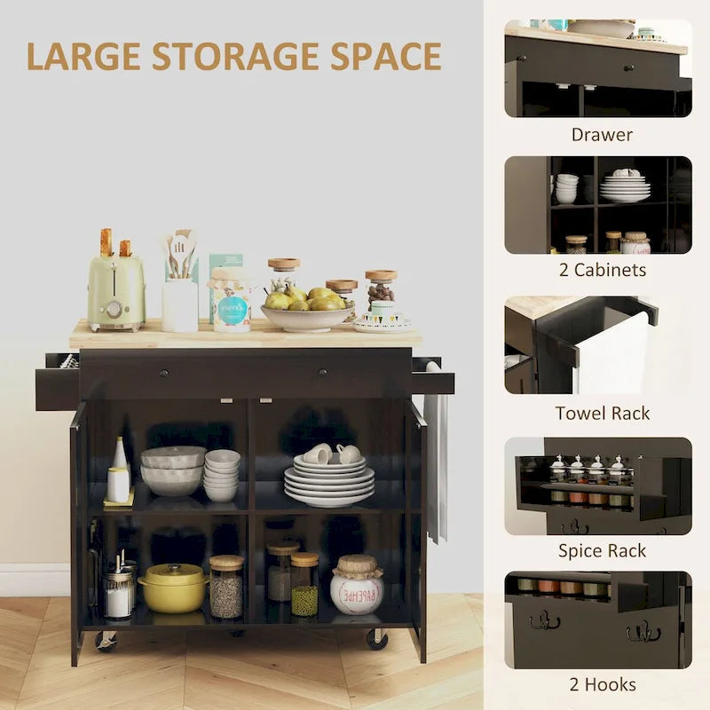 HOMCOM Kitchen Island with Storage, Farmhouse Rolling Kitchen Island Cart on Wheels with Drawer, 2 Cabinets, Rubberwood Top