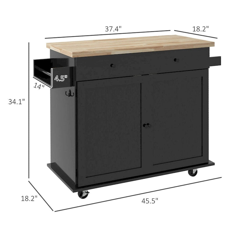 HOMCOM Kitchen Island with Storage, Farmhouse Rolling Kitchen Island Cart on Wheels with Drawer, 2 Cabinets, Rubberwood Top