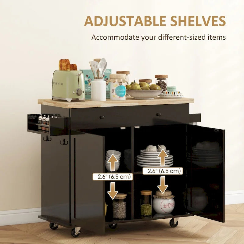 HOMCOM Kitchen Island with Storage, Farmhouse Rolling Kitchen Island Cart on Wheels with Drawer, 2 Cabinets, Rubberwood Top