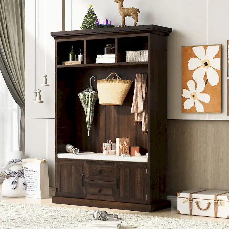 Hall Tree with 3 HooksCoat Hanger, Entryway Bench,Storage Bench, 3-in-1 Design,47.2INCH,for Entrance,Hallway