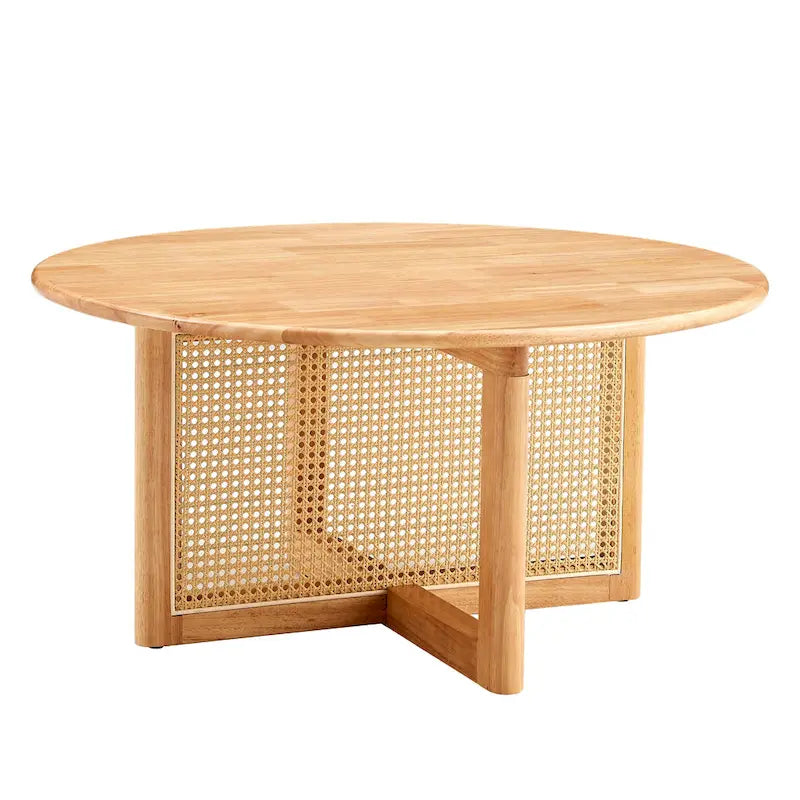 wooden coffee table with faux rattan accents